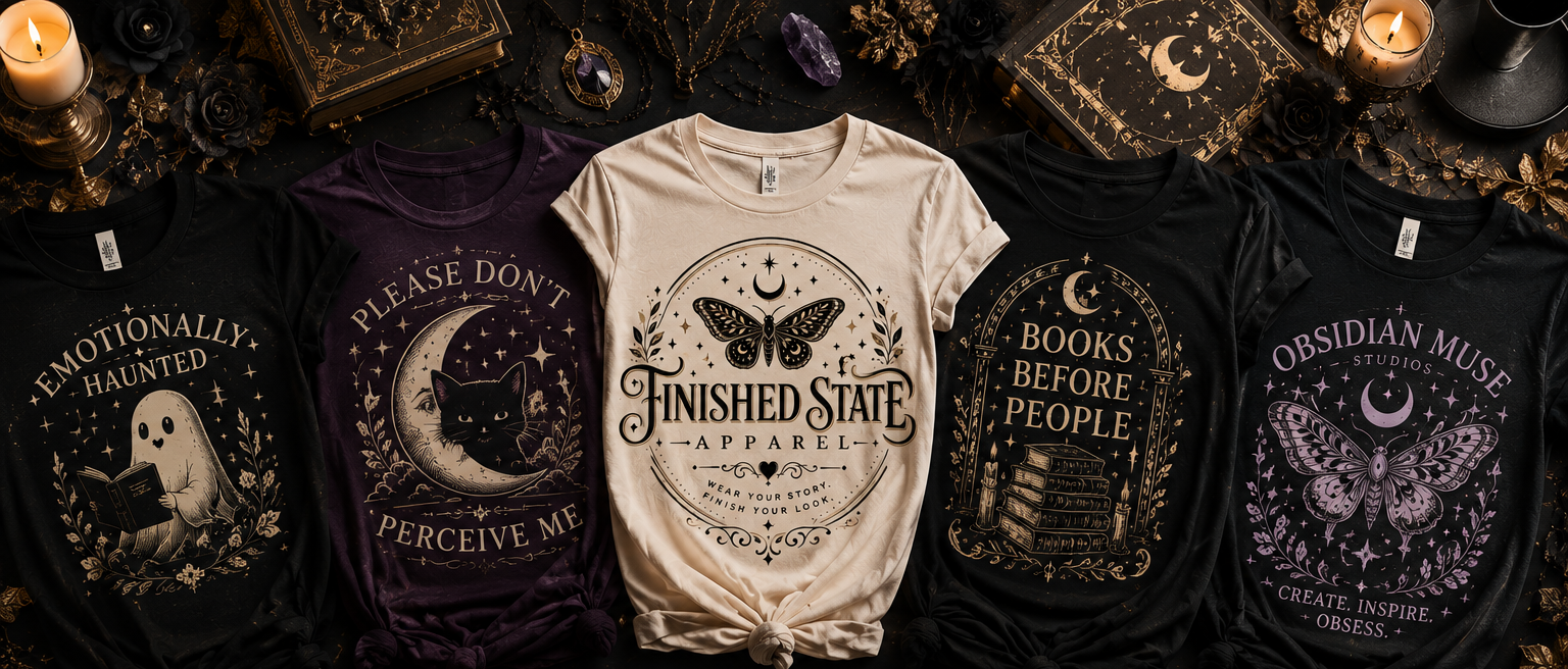 Collection of Finished State Apparel t-shirts with various designs and branding text.